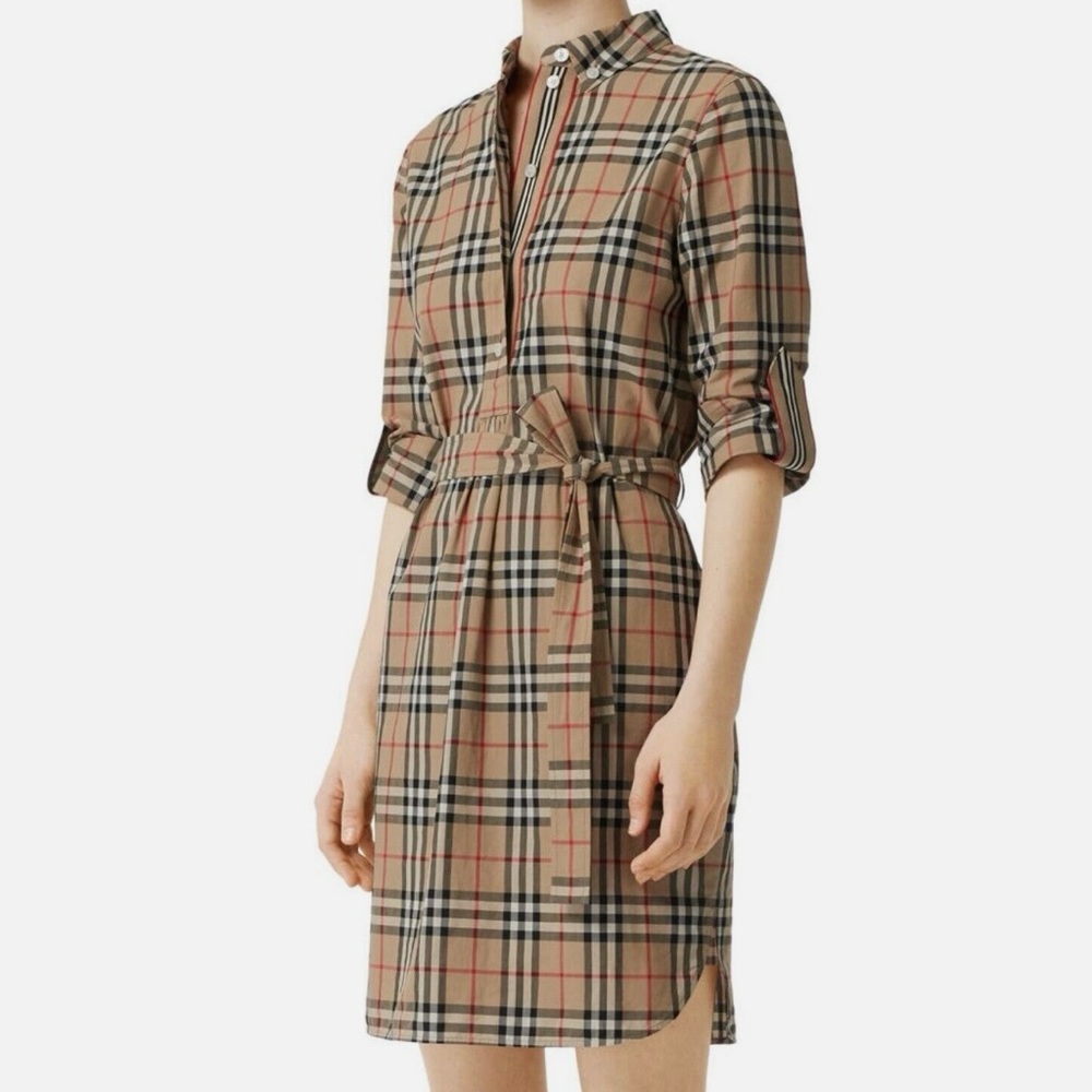 Burberry Check Belted Shirt Dress in Archive Beige